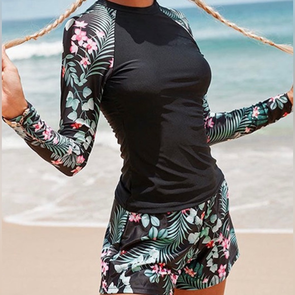 Nwot Black Floral Long-Sleeve Rashguard & Swim Shorts